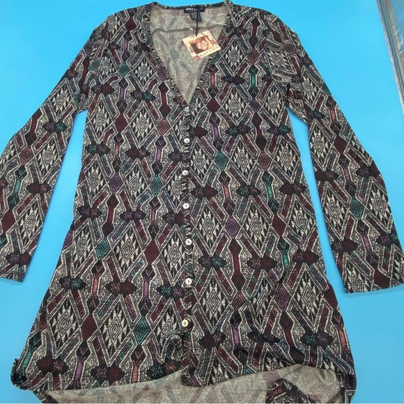 About A Girl Womens Aztec V Neck Tunic Top Button Long Sleeve Blouse Size XL - Picture 6 of 7